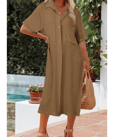 Womens Summer Button Down Short Sleeve Side Split Shirt Dress Beach Cover ups Cardigan with Pockets Brown $17.50 Swimsuits