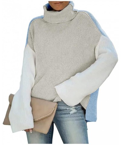 Sweater for Women Turtleneck Colorblock Long Sleeve Loose Knit Sweaters Pullover Casual Sweater Tops Grey Blue $14.35 Sweaters