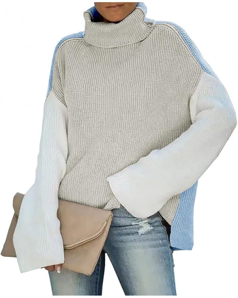 Sweater for Women Turtleneck Colorblock Long Sleeve Loose Knit Sweaters Pullover Casual Sweater Tops Grey Blue $14.35 Sweaters