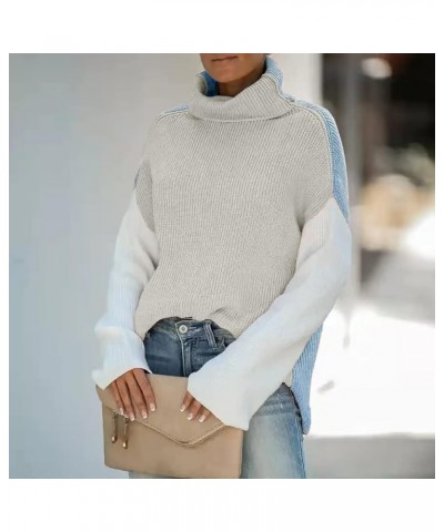 Sweater for Women Turtleneck Colorblock Long Sleeve Loose Knit Sweaters Pullover Casual Sweater Tops Grey Blue $14.35 Sweaters