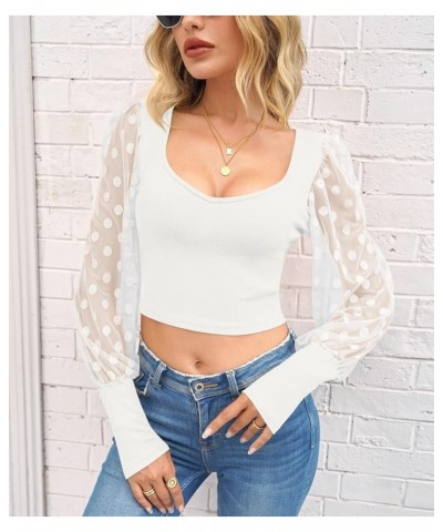 Women Summer Mesh Puff Long Sleeve Slim Fit Cropped Top Blouse Dot White $12.69 Tops