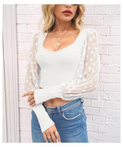 Women Summer Mesh Puff Long Sleeve Slim Fit Cropped Top Blouse Dot White $12.69 Tops