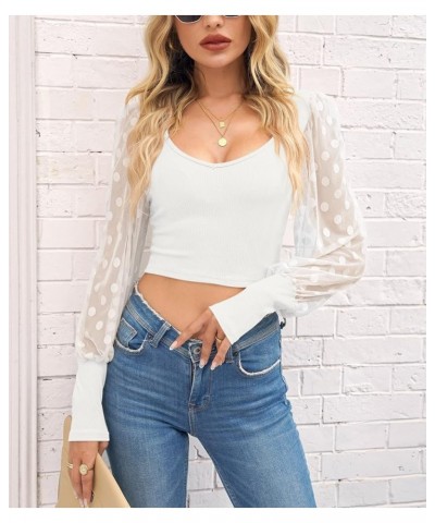 Women Summer Mesh Puff Long Sleeve Slim Fit Cropped Top Blouse Dot White $12.69 Tops