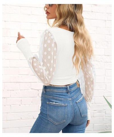 Women Summer Mesh Puff Long Sleeve Slim Fit Cropped Top Blouse Dot White $12.69 Tops