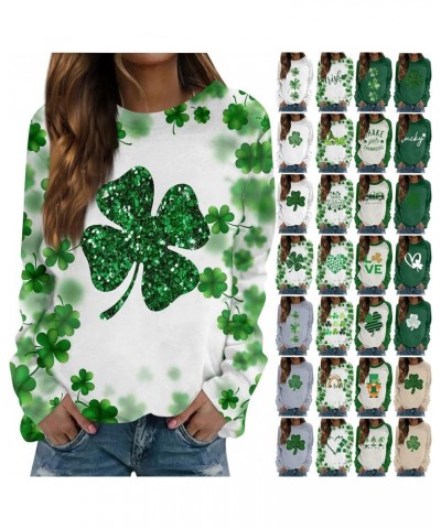 St Patricks Day Womens Sweatshirt 2024 Causal Long Sleeve Crewneck Pullover Cute Four Leaf Clover Print Shirts A-dark Green $...