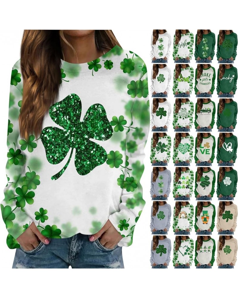 St Patricks Day Womens Sweatshirt 2024 Causal Long Sleeve Crewneck Pullover Cute Four Leaf Clover Print Shirts A-dark Green $...