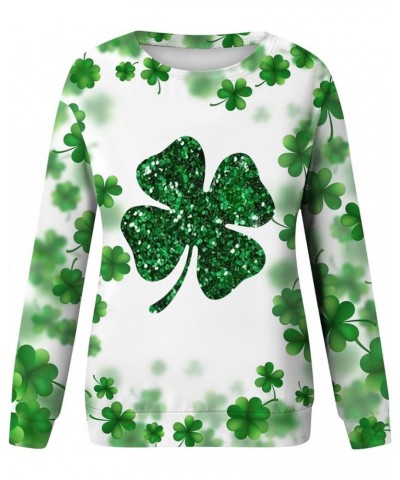 St Patricks Day Womens Sweatshirt 2024 Causal Long Sleeve Crewneck Pullover Cute Four Leaf Clover Print Shirts A-dark Green $...