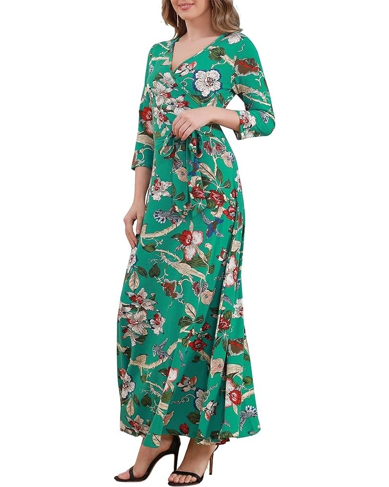 Women's Casual Maxi Dress 3/4 Sleeve Faux Wrap V Neck Floral Print Fit and Flare Long Dresses Floral Green $9.03 Dresses