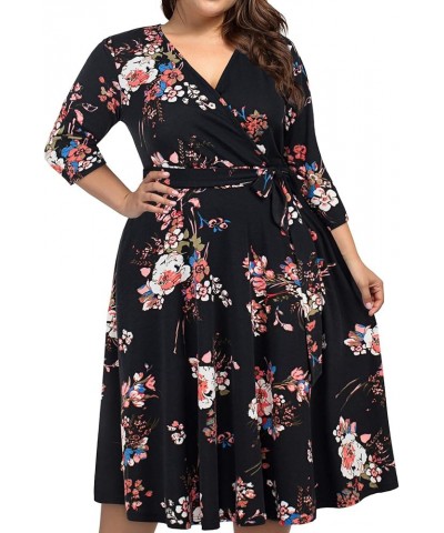 Plus Size Womens V Neck Floral Cocktail Party Midi Dresses with Pocket Black/Red $19.35 Others