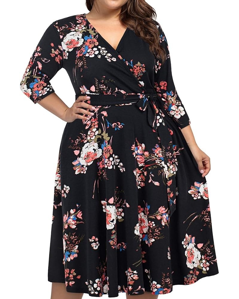 Plus Size Womens V Neck Floral Cocktail Party Midi Dresses with Pocket Black/Red $19.35 Others