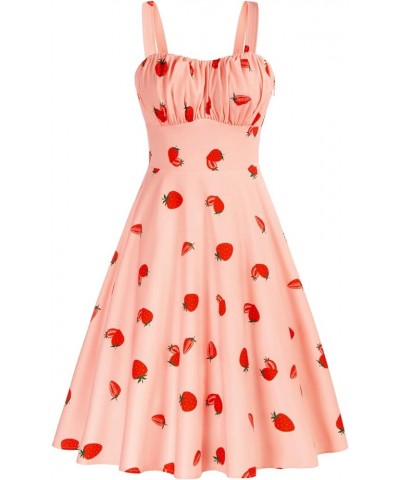 Women's Vintage Sleeveless Solid Floral Ruched Summer Cute A-Line Flowy Swing Midi Dress Pink-strawberry $25.34 Dresses