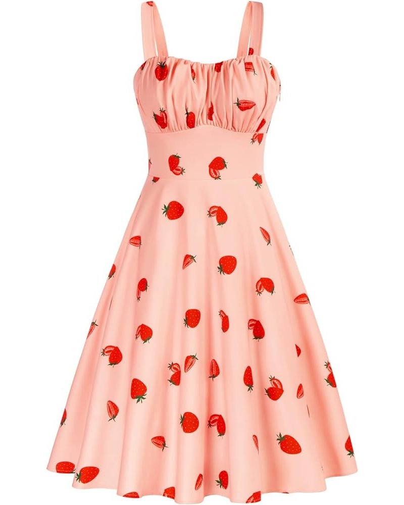 Women's Vintage Sleeveless Solid Floral Ruched Summer Cute A-Line Flowy Swing Midi Dress Pink-strawberry $25.34 Dresses