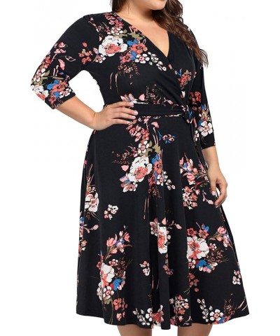 Plus Size Womens V Neck Floral Cocktail Party Midi Dresses with Pocket Black/Red $19.35 Others