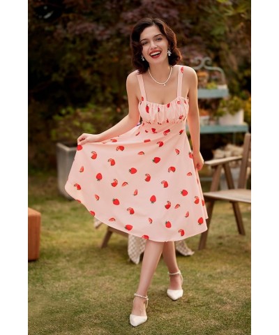 Women's Vintage Sleeveless Solid Floral Ruched Summer Cute A-Line Flowy Swing Midi Dress Pink-strawberry $25.34 Dresses