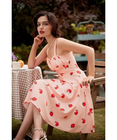 Women's Vintage Sleeveless Solid Floral Ruched Summer Cute A-Line Flowy Swing Midi Dress Pink-strawberry $25.34 Dresses