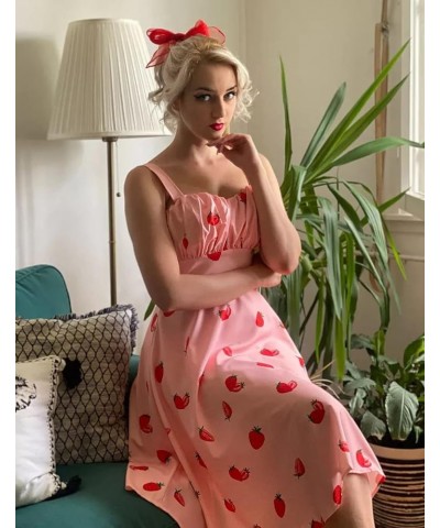 Women's Vintage Sleeveless Solid Floral Ruched Summer Cute A-Line Flowy Swing Midi Dress Pink-strawberry $25.34 Dresses