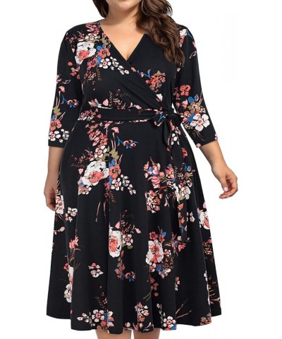 Plus Size Womens V Neck Floral Cocktail Party Midi Dresses with Pocket Black/Red $19.35 Others