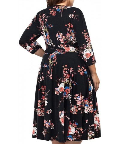 Plus Size Womens V Neck Floral Cocktail Party Midi Dresses with Pocket Black/Red $19.35 Others