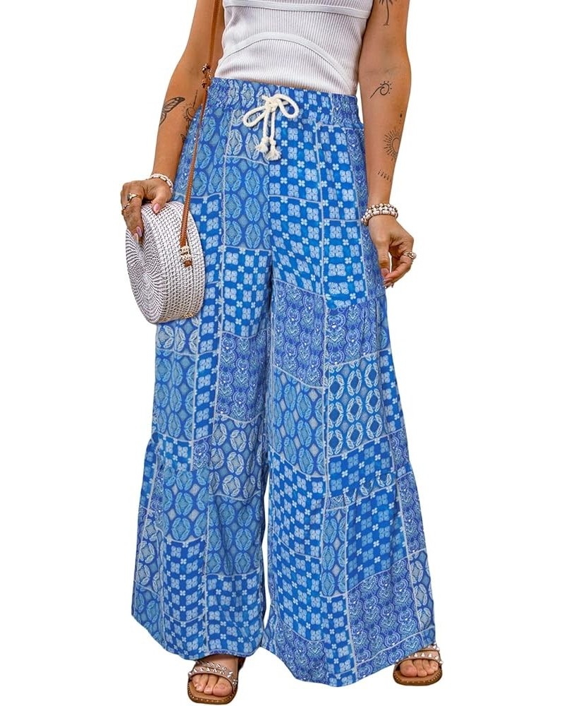 Womens Boho Print Palazzo Pants Elastic High Waist Drawstring Wide Leg Hippie Flowy Pants Blue $20.64 Pants