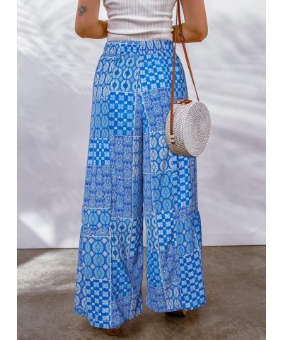 Womens Boho Print Palazzo Pants Elastic High Waist Drawstring Wide Leg Hippie Flowy Pants Blue $20.64 Pants