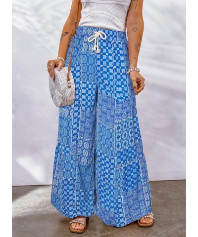 Womens Boho Print Palazzo Pants Elastic High Waist Drawstring Wide Leg Hippie Flowy Pants Blue $20.64 Pants