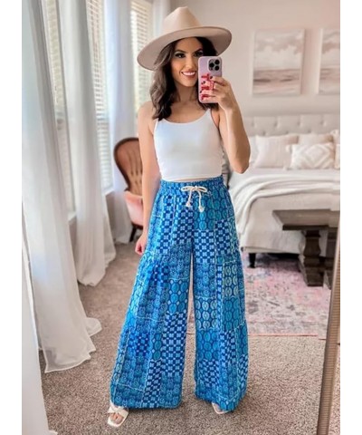 Womens Boho Print Palazzo Pants Elastic High Waist Drawstring Wide Leg Hippie Flowy Pants Blue $20.64 Pants