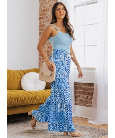 Womens Boho Print Palazzo Pants Elastic High Waist Drawstring Wide Leg Hippie Flowy Pants Blue $20.64 Pants