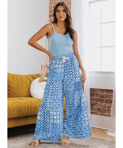 Womens Boho Print Palazzo Pants Elastic High Waist Drawstring Wide Leg Hippie Flowy Pants Blue $20.64 Pants