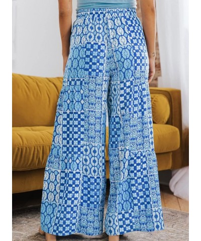 Womens Boho Print Palazzo Pants Elastic High Waist Drawstring Wide Leg Hippie Flowy Pants Blue $20.64 Pants