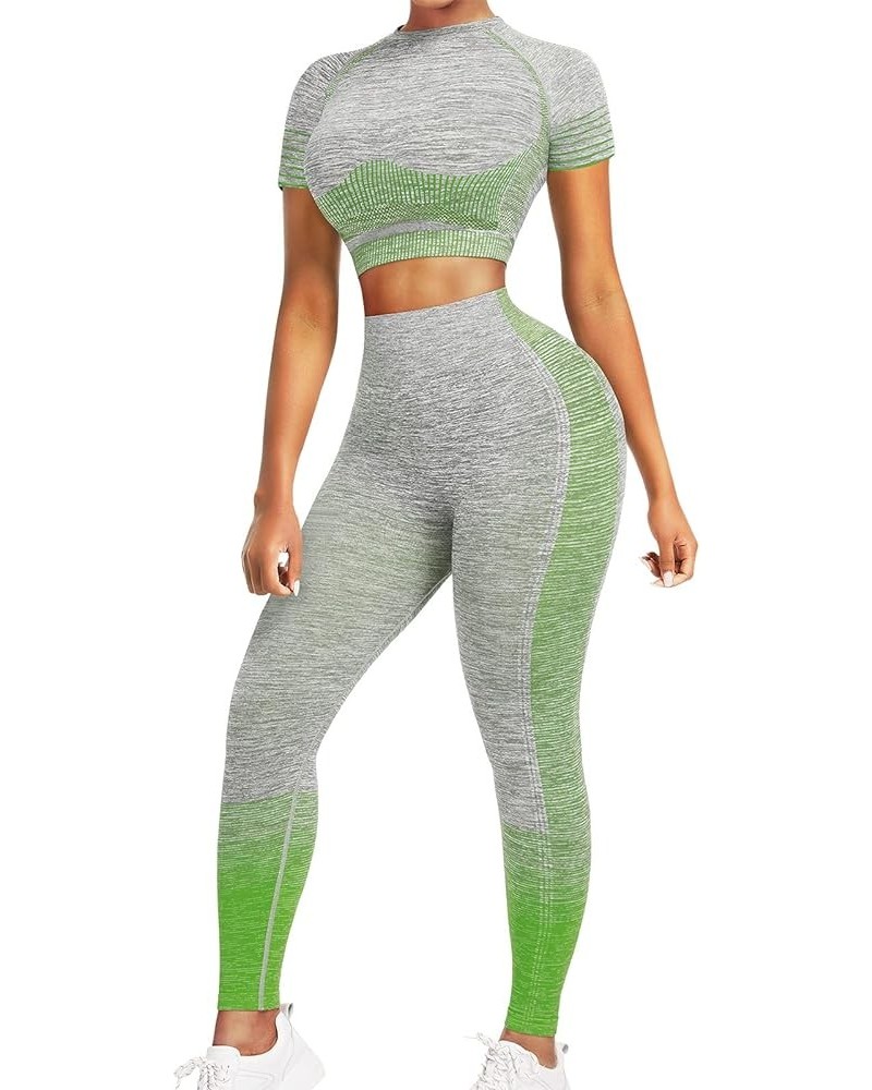 Workout Sets for Women 2 Piece High Waist Seamless Leggings and Crop Top Yoga Outfit Short Sleeve-green $15.80 Activewear