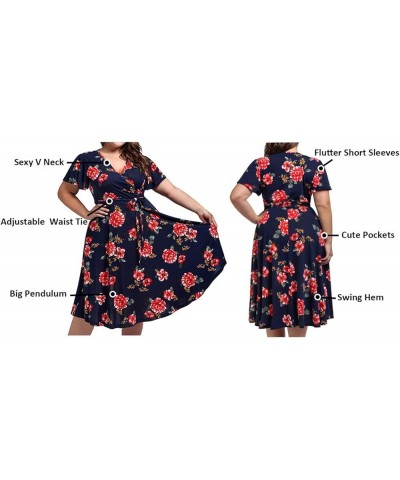 Plus Size Womens V Neck Floral Cocktail Party Midi Dresses with Pocket Black/Red $19.35 Others