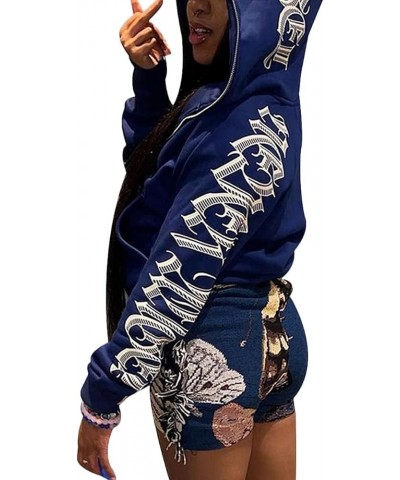 Women Gothic Hoodie Letter Printed Zip Up Long Sleeve Loose Punk Sweatshirt Top Streetwear Blue $14.49 Hoodies & Sweatshirts