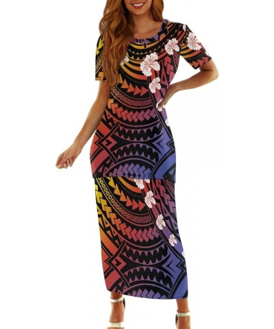 Women's Traditional Polynesian Puletasi Samoa Dress Short Sleeve Top Dress 2 Piece Set Polynesian Hibiscus $23.84 Dresses