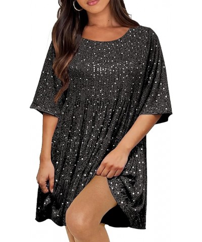 Women Sequin Dress Sparkly Giltter Round Neck Short Sleeve A-Line Loose Swing Tunic Dress Disco Party Concert Black $20.39 Dr...