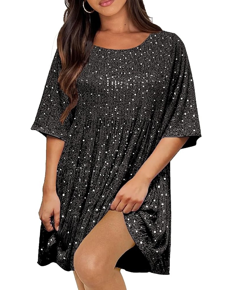 Women Sequin Dress Sparkly Giltter Round Neck Short Sleeve A-Line Loose Swing Tunic Dress Disco Party Concert Black $20.39 Dr...