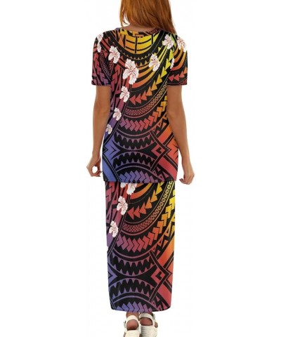 Women's Traditional Polynesian Puletasi Samoa Dress Short Sleeve Top Dress 2 Piece Set Polynesian Hibiscus $23.84 Dresses