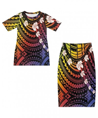 Women's Traditional Polynesian Puletasi Samoa Dress Short Sleeve Top Dress 2 Piece Set Polynesian Hibiscus $23.84 Dresses