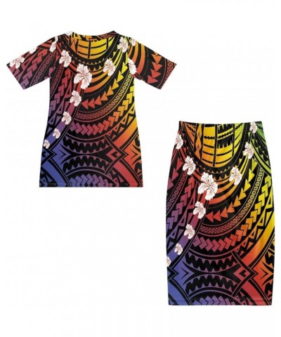 Women's Traditional Polynesian Puletasi Samoa Dress Short Sleeve Top Dress 2 Piece Set Polynesian Hibiscus $23.84 Dresses