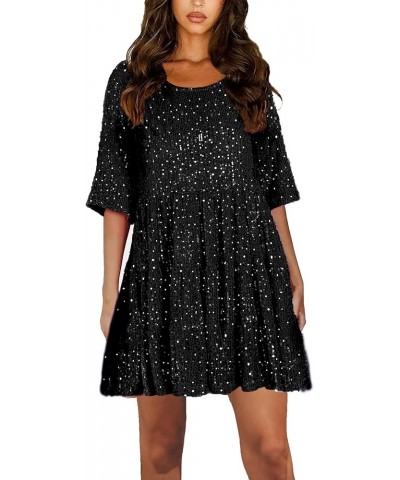 Women Sequin Dress Sparkly Giltter Round Neck Short Sleeve A-Line Loose Swing Tunic Dress Disco Party Concert Black $20.39 Dr...