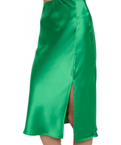 Women Solid High Waist Silky Casual Elastic Satin Midi Slit Skirt - Made in USA Green- $20.24 Skirts