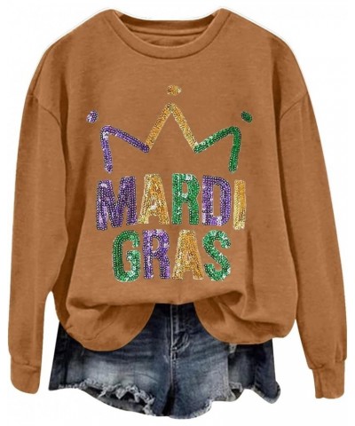 Mardi Gras Outfit for Women Long Sleeve Carnival Print Crew Neck Loose New Party Soft Comfy 2024 Tops H-brown $5.04 Shirts