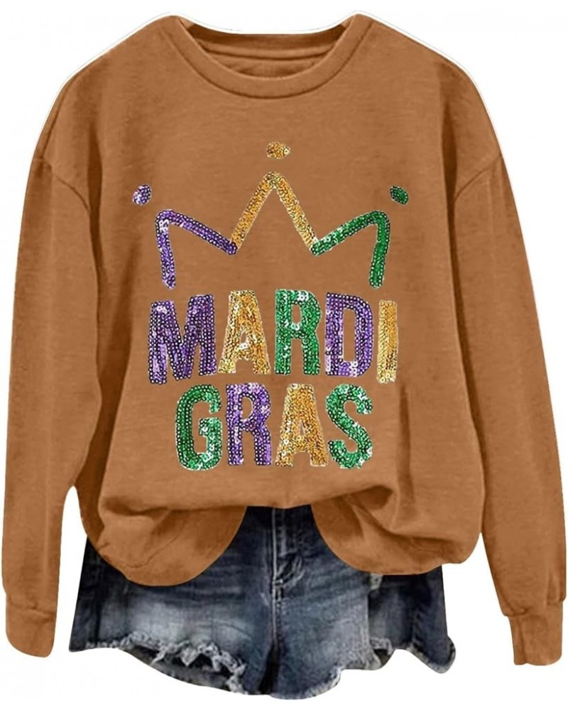 Mardi Gras Outfit for Women Long Sleeve Carnival Print Crew Neck Loose New Party Soft Comfy 2024 Tops H-brown $5.04 Shirts