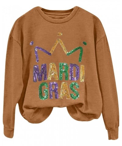 Mardi Gras Outfit for Women Long Sleeve Carnival Print Crew Neck Loose New Party Soft Comfy 2024 Tops H-brown $5.04 Shirts