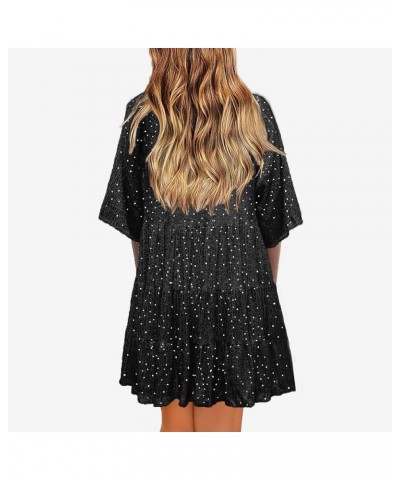 Women Sequin Dress Sparkly Giltter Round Neck Short Sleeve A-Line Loose Swing Tunic Dress Disco Party Concert Black $20.39 Dr...