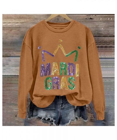 Mardi Gras Outfit for Women Long Sleeve Carnival Print Crew Neck Loose New Party Soft Comfy 2024 Tops H-brown $5.04 Shirts