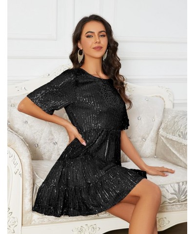 Women Sequin Dress Sparkly Giltter Round Neck Short Sleeve A-Line Loose Swing Tunic Dress Disco Party Concert Black $20.39 Dr...