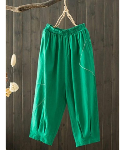 Women's Cropped Harem Pants Elastic Waist Pull On Wide Leg Trousers with Pockets Green $17.47 Pants