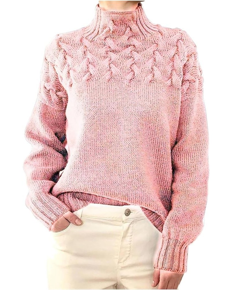 Women's Turtleneck Sweaters Slouchy Knit Chunky Sweater Fall Winter Fashion Cable Weaving Long Sleeve Pullover 03 Pink $9.88 ...