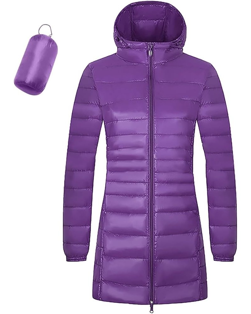 Women's Packable Puffer Jackets Mid Length Plus Size Down Coat Hooded Stand Collar Full Zip Slim Fit Warm Winter Coats Purple...