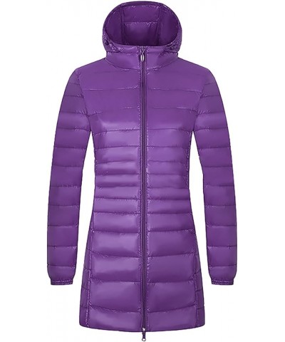 Women's Packable Puffer Jackets Mid Length Plus Size Down Coat Hooded Stand Collar Full Zip Slim Fit Warm Winter Coats Purple...